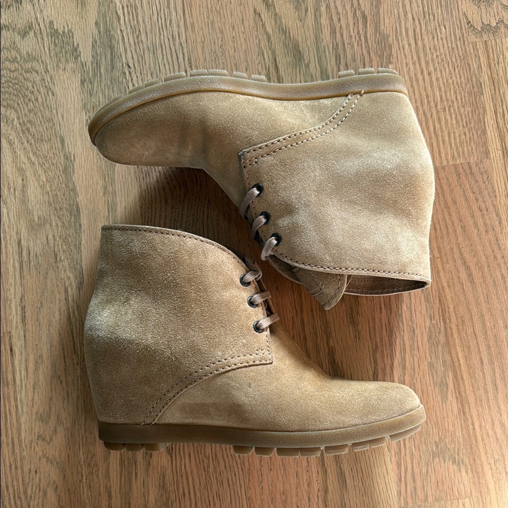 Prada Suede Wedge Ankle Boots in Light Tan